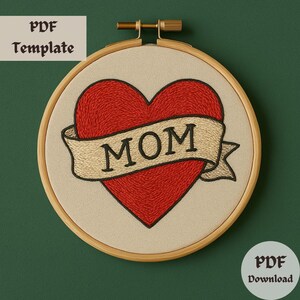 Broderimönster med hjärtmönster för mammabanderoll, handbroderi i tatueringsstil, klassisk hjärtdesign i PDF-format, DIY-bågekonst, mall för mammas sömmar bild 7