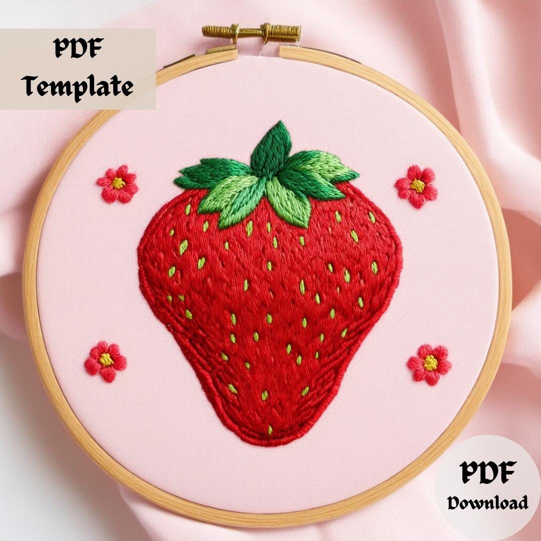 イチゴの刺繍パターン、フルーティーな手刺繍デザイン、夏のフルーツ