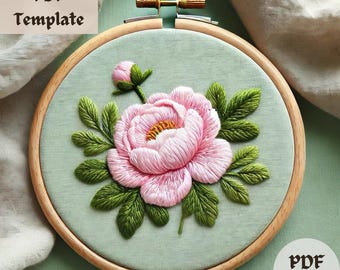 Peony Flower Embroidery Pattern, Floral Hand Embroidery, Botanical Stitching PDF, DIY Flower Hoop Art, Modern Embroidery Design Template