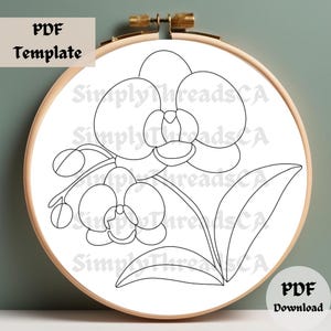 以下が含まれることがあります： 輪の中に描かれた、白黒の線画の蘭の花。シンプルなデザインで、蘭の花と葉が1つずつ描かれています。