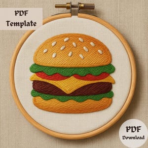 Hamburger Hand Embroidery Pattern, Realistic Burger Hand Embroidery Design, Cheeseburger Stitch PDF, Food Art Template, Instant Download