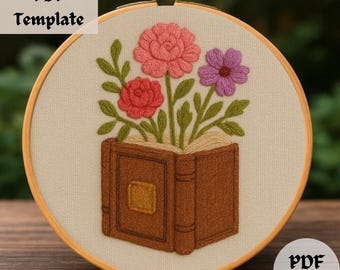 Floral Book Embroidery Pattern, Botanical Hand Embroidery Design PDF, Flower Book Stitch Template, Book Lover Embroidery, DIY Hoop Download
