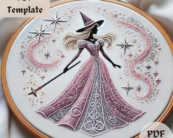 Pink Witch Hand Embroidery Pattern, Whimsical Hand Embroidery PDF, Magical Sorceress Witch Stitching Design, DIY Fantasy Hoop Art Template