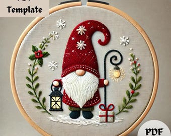 Schema per ricamo di uno gnomo in PDF, design di uno gnomo stravagante fai da te, modello per ricamo a mano invernale, divertente arte su telaio, adatto ai principianti, idea regalo unica