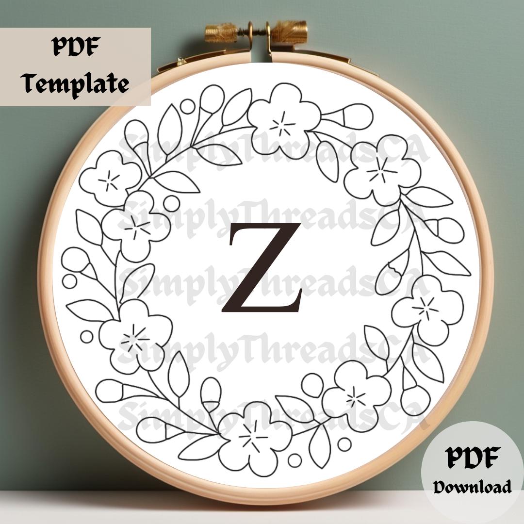 Cherry Blossom Monogram Z Embroidery Pattern, Floral Letter Hand
