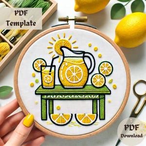 Lemonade Embroidery Pattern, Hand Embroidery PDF, Citrus Stitching Design, DIY Summer Hoop Art, Handmade Kitchen Decor, Instant Download