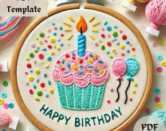 Cupcake Embroidery Pattern, Celebration Hand Embroidery, Festive Stitching Design, Confetti Hoop PDF, DIY Colorful Needlework Template