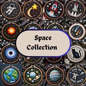 May include: A collection of 12 embroidery hoops with space-themed designs. The designs include a rocket, a spaceship, a black cat, a planet, a comet, a galaxy, a star, and an astronaut. The hoops are all black and have a white background.