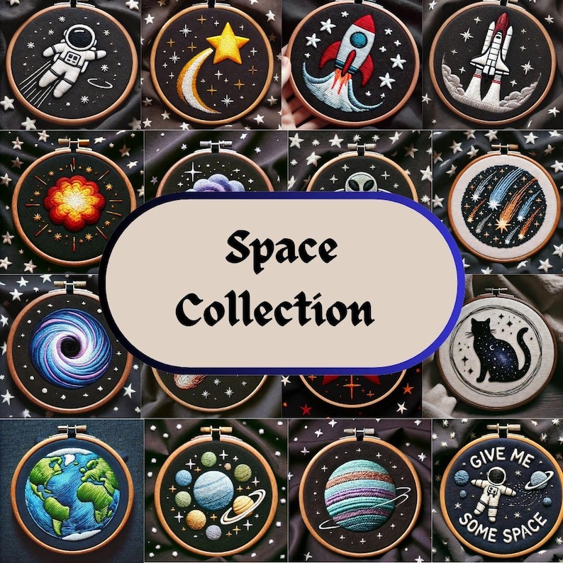 May include: A collection of 12 embroidery hoops with space-themed designs. The designs include a rocket, a spaceship, a black cat, a planet, a comet, a galaxy, a star, and an astronaut. The hoops are all black and have a white background.