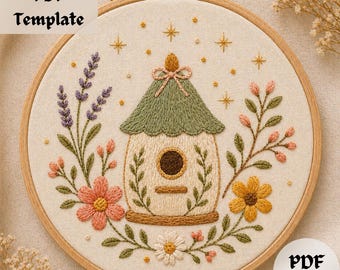 Birdhouse Embroidery Pattern, Floral Cottage Hand Embroidery PDF, Spring Garden Design, Cute Botanical Hoop Template DIY Gift