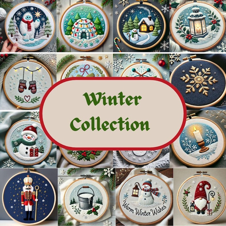 May include: A collection of 12 embroidery hoops with winter-themed designs. The designs include a snowman, a snow globe, a snowflake, a candle, a nutcracker, a bucket of milk, a gnome, and a lantern. The hoops are all white with a wooden frame.