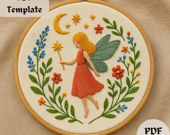 Magical Fairy Hand Embroidery Pattern, Enchanted Hand Embroidery PDF, Fantasy Floral Embroidery Design, DIY Orange Fairy Embroidery Template
