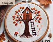 Treehouse Hand Embroidery Pattern, Autumn Tree with Leaves Hand Embroidery, Cozy Fall Hoop Stitch Design PDF Template, Creative Embroidery