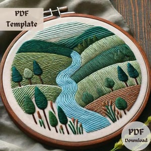 Mountain Valley Embroidery Pattern, Nature Hand Embroidery PDF, DIY Landscape Stitching, Scenic Hoop Art, Outdoor Adventure Embroidery