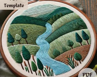 氷山の風景刺繍パターン、雪山の手刺繍、冬の風景フープアートPDF、DIY