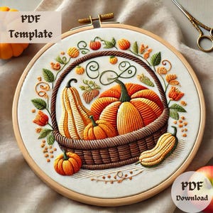 Pumpkins Basket Embroidery Pattern, Rustic Fall Hand Embroidery, Autumn Stitching PDF, DIY Cozy Home Decor, DIY Thanksgiving Hoop Design