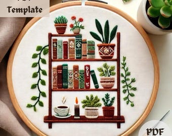 Patrón de bordado para estantería, PDF de bordado a mano acogedor, diseño de costura para amantes de los libros, decoración para rincones de lectura, plantilla de arte de bastidor literario