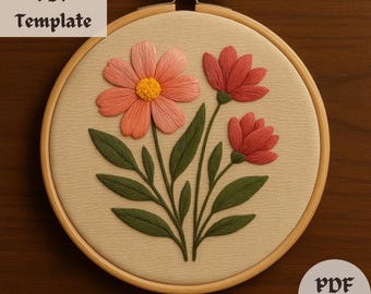 Patrón de bordado de trío de flores rosas, diseño de bordado a mano de flores silvestres en PDF, plantilla de puntada botánica natural sencilla para bricolaje, diseño floral para principiantes.