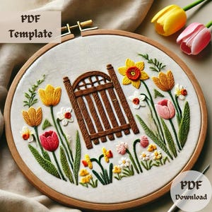 Floral Garden Gate Embroidery Pattern, Hand Embroidery PDF, Spring Flowers Hoop Art, DIY Stitching Design, Instant Download Pattern PDF