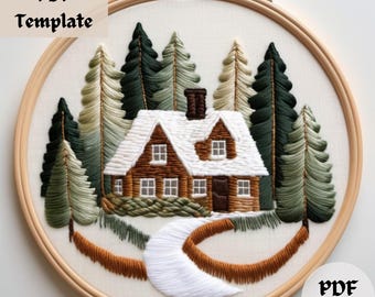Motif de broderie cabane d'hiver, PDF de broderie à la main confortable, conception de couture cabane pittoresque, modèle de cerceau d'hiver bricolage, idée déco sur le thème de la maison