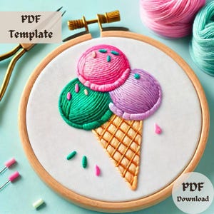 Ice Cream Embroidery Pattern, Summer Treat Hand Embroidery PDF, Sweet Dessert Stitching Design, Ice Cream Cone Hoop Template, Fun DIY PDF