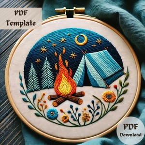 Cozy Campfire Night Embroidery Pattern – Scenic Hand Embroidery PDF, Nature-Inspired Camping Stitching, DIY Relaxing Hoop Art Template