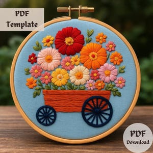 Blumenwagen-Stickerei-Muster, lebendige Blumen-Handstickerei, PDF, Blooming Wagon Hoop-Design, bunte Blumen botanische Stickvorlage