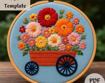 Flower Cart Embroidery Pattern, Vibrant Floral Hand Embroidery PDF, Blooming Wagon Hoop Design, Colorful Floral Botanical Stitch Template