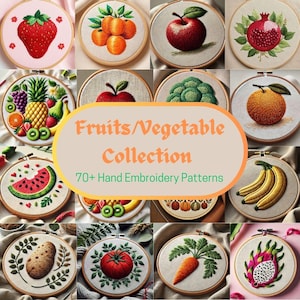 Lot de motifs de broderie à la main de fruits et légumes, plus de 70 motifs de point, modèles PDF pour décoration de cuisine, kit de broderie DIY, accès à vie