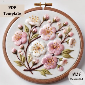 桜の手刺繍パターン、春の花の手刺繍PDF、日本の桜のステッチデザイン、花のフープアートテンプレート