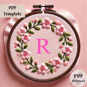 Padrão de bordado com monograma R em flor de cerejeira, design de bordado à mão com letras florais, alfabeto botânico em PDF, download de modelo de bastidor R faça você mesmo