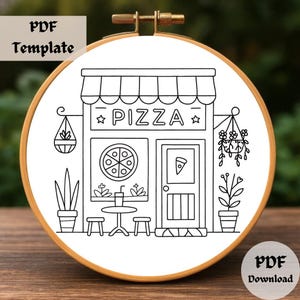 Pizza Shop Embroidery Pattern, Whimsical Hand Embroidery PDF, Cozy Cafe Stitching Design, DIY Food-Themed Hoop Template for Pizza Lovers image 2