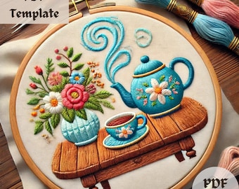 Tea Party Table Embroidery Pattern, Elegant Hand Embroidery PDF, Whimsical Tea-Themed Stitching Design, DIY Cozy Hoop Art Template