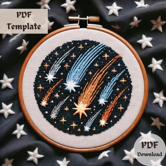 流星群の刺繍パターン、流れ星の刺繍PDF、手刺繍の宇宙デザイン、DIYの