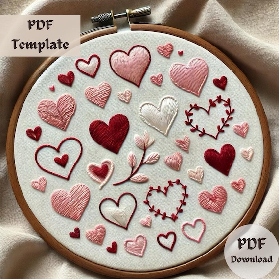 ハートの刺繍パターン、手縫いのハートのPDF、ロマンチックなフープ