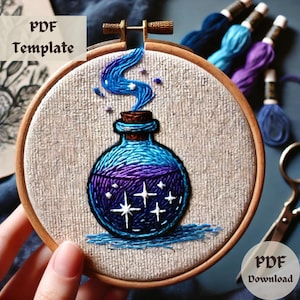 Könnte beinhalten: Eine blaue und violette Glasflasche mit einem Korkstopfen und blauem Rauch, der aus der Oberseite aufsteigt. Die Flasche ist mit einem Sternenhimmel-Design gefüllt. Die Flasche befindet sich in einem hölzernen Stickrahmen.