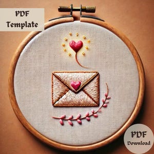 Patrón de bordado de carta de amor, diseño de sobre de corazón, PDF de bordado romántico a mano, plantilla de arte de bastidor caprichoso
