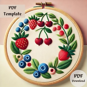 Berry Wreath Embroidery Pattern, Fruit Hand Embroidery PDF, Botanical Stitching Design, Summer Berry Wreath, Garden Embroidery Hoop Art