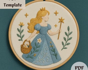 Fairy Princess Embroidery Pattern, Blue Dress Hand Embroidery, Wand Basket Stitching Design, Fantasy Girl PDF, DIY Magical Template