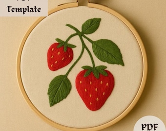 Patrón de bordado a mano de fresa, PDF de bordado a mano de frutas, diseño de puntada de bayas, arte botánico en bastidor, plantilla de bordado de verano DIY