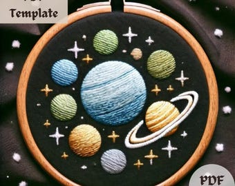惑星クラスター刺繍パターン、天体フープアート、宇宙装飾 PDF、天文学