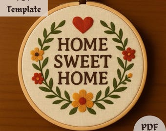 Patrón de bordado "Hogar, dulce hogar", diseño de bordado a mano "Casa acogedora", plantilla PDF caprichosa, decoración DIY para bordar en bastidor