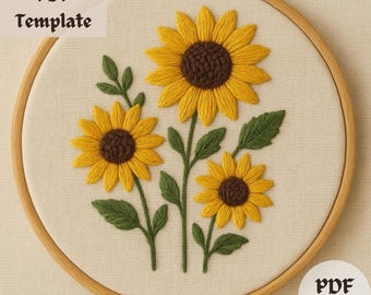3つのひまわりの刺繍パターン、花の刺繍PDF、ひまわりのステッチデザイン、ボタニカルフープアート、DIYの花の刺繍テンプレート