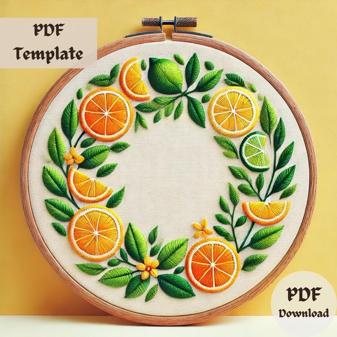 Orange Wreath Embroidery Pattern – Citrus Hand Embroidery Design, Fresh ...