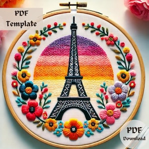 Eiffel Tower Floral Embroidery Pattern, Paris Landmark Hand Embroidery PDF, French Aesthetic Stitch Design, Sunset Sky Embroidery Template