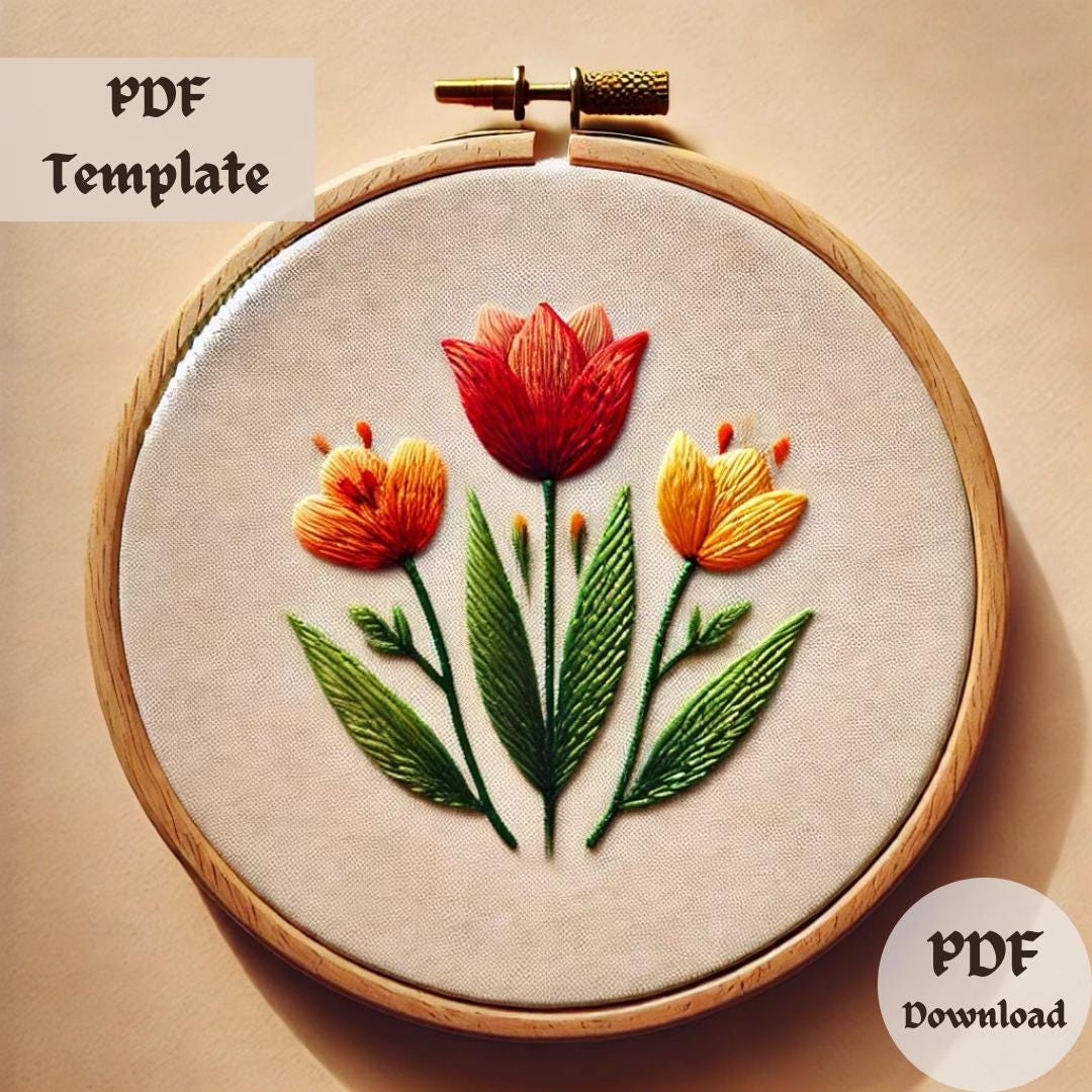 Tulip Embroidery Pattern, Red Orange Yellow Floral Hand Embroidery PDF ...