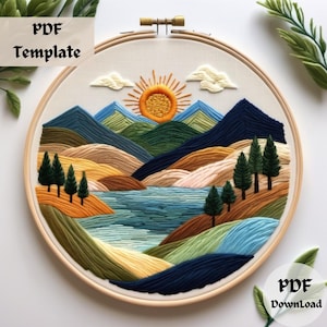 Mountain Landscape Embroidery Pattern, PDF DIY Sunset Lake Design, Scenic Hoop Art Template, Nature Hand Embroidery,Hand Embroidery Hoop Art