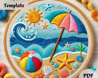 Beach Scenery Embroidery Pattern, Summer Hand Embroidery Design, Tropical Ocean View PDF, DIY Stitching Template for Vacation Decor