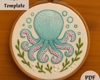 May include: An embroidered octopus design in a wooden hoop. The octopus is teal with pink accents, surrounded by green leaves and bubbles. The text "PDF Template" and "PDF Download" are visible.