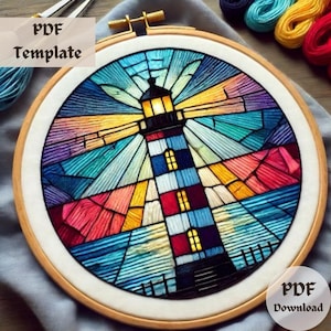 Stained Glass Lighthouse Embroidery Pattern, Nautical Hand Embroidery, Coastal Stitching Design, Ocean Hoop PDF, DIY Seaside Decor Template
